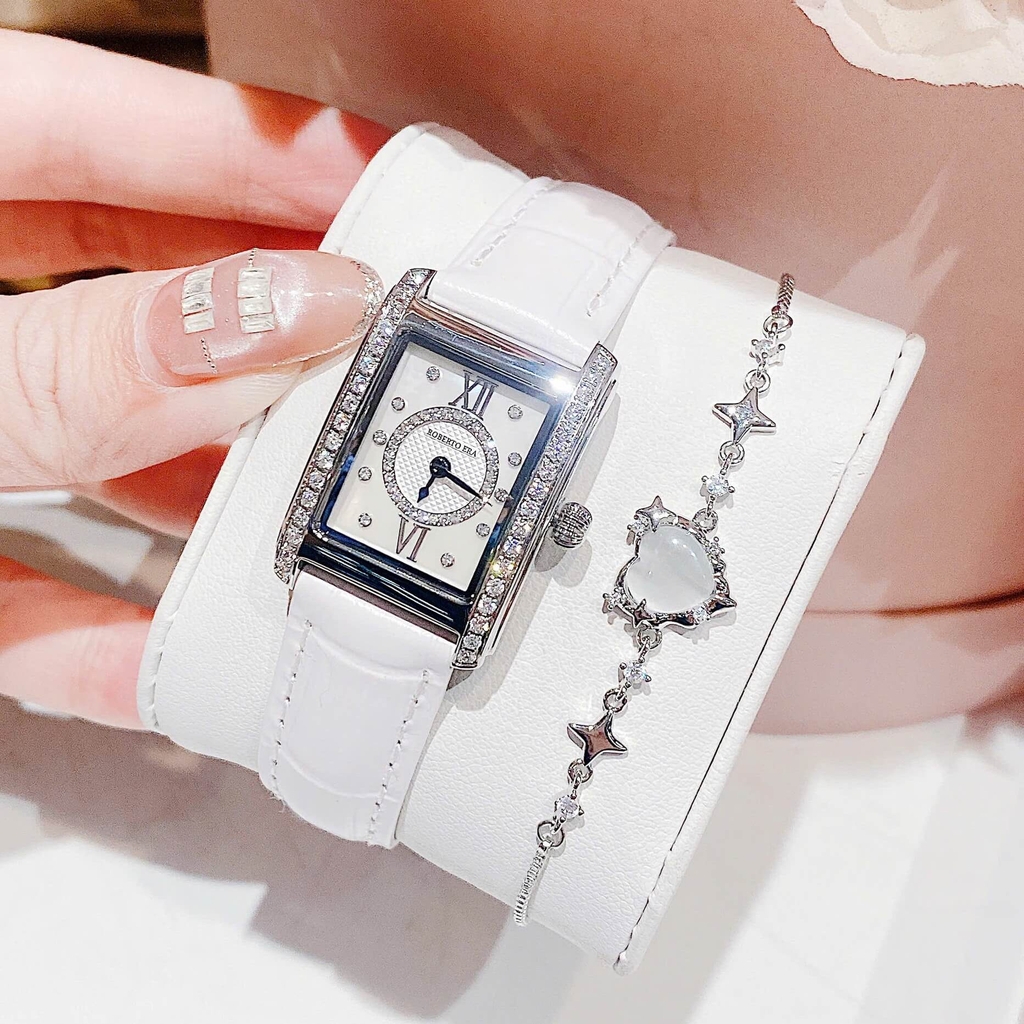 Set Đồng Hồ Nữ Roberto Era Dây Da Trắng Mặt Chữ Nhật Size 28mm Viền Mặt Đính Đá Vỏ Silver RE350