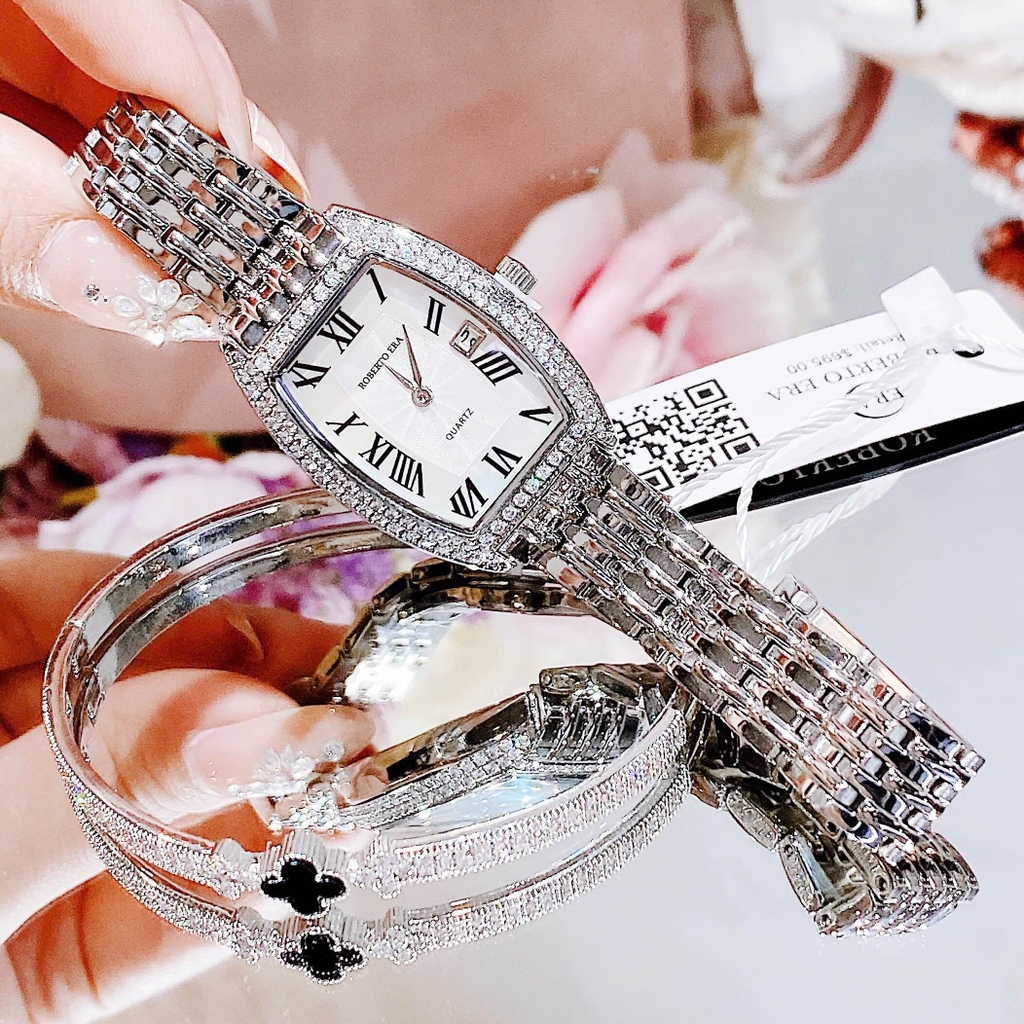 Set Đồng Hồ Nữ Roberto Era Dây Kim Loại Silver Mặt Chữ Nhật Viền Đá&nbsp;Size 25x35mm RE2860 Tặng Kèm Vòng Tay