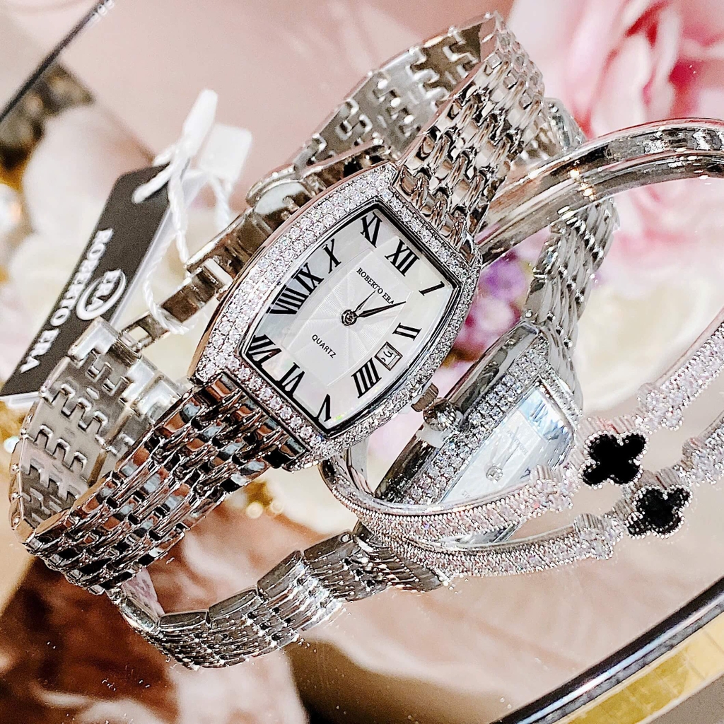 Set Đồng Hồ Nữ Roberto Era Dây Kim Loại Silver Mặt Chữ Nhật Viền Đá&nbsp;Size 25x35mm RE2860 Tặng Kèm Vòng Tay
