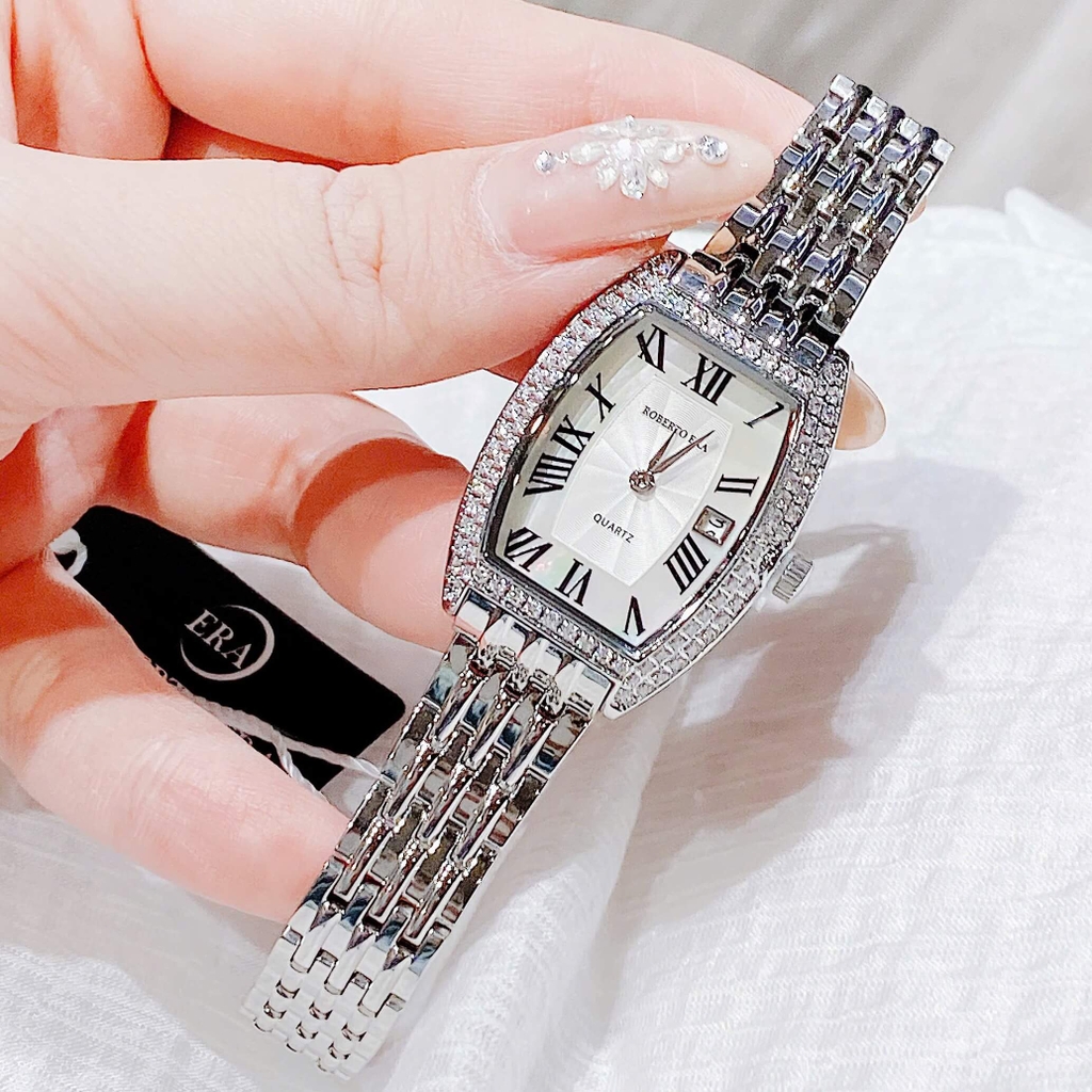 Set Đồng Hồ Nữ Roberto Era Dây Kim Loại Silver Mặt Chữ Nhật Viền Đá&nbsp;Size 25x35mm RE2860 Tặng Kèm Vòng Tay