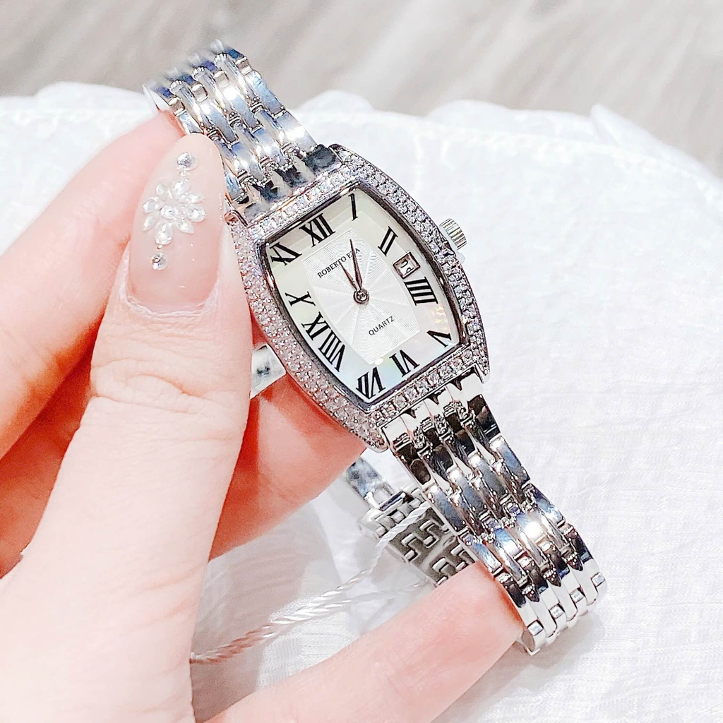 Set Đồng Hồ Nữ Roberto Era Dây Kim Loại Silver Mặt Chữ Nhật Viền Đá&nbsp;Size 25x35mm RE2860 Tặng Kèm Vòng Tay