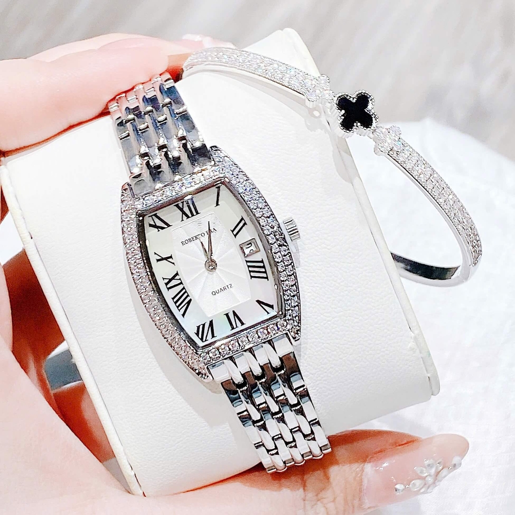 Set Đồng Hồ Nữ Roberto Era Dây Kim Loại Silver Mặt Chữ Nhật Viền Đá&nbsp;Size 25x35mm RE2860 Tặng Kèm Vòng Tay