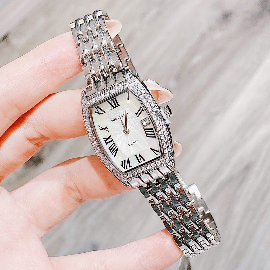 Set Đồng Hồ Nữ Roberto Era Dây Kim Loại Silver Mặt Chữ Nhật Viền Đá&nbsp;Size 25x35mm RE2860 Tặng Kèm Vòng Tay