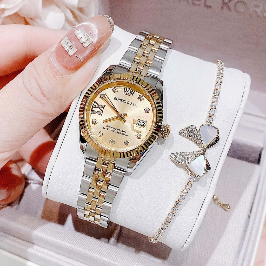 Set Đồng Hồ Nữ Roberto Era Dây Thép Demi Vàng Gold Mặt Vàng Niềng Khía Size 28mm RE1202 Tặng Kèm Vòng Tay