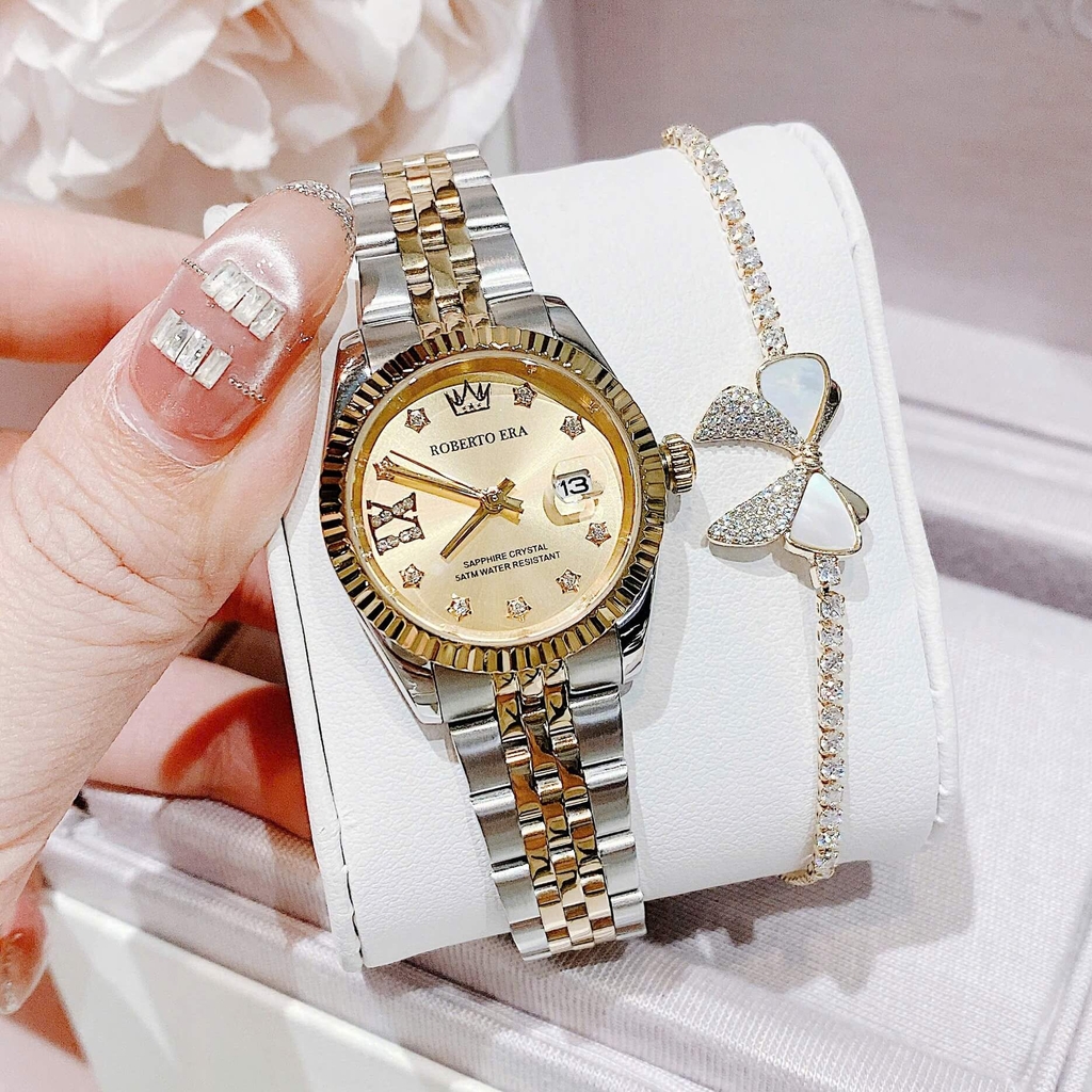 Set Đồng Hồ Nữ Roberto Era Dây Thép Demi Vàng Gold Mặt Vàng Niềng Khía Size 28mm RE1202 Tặng Kèm Vòng Tay