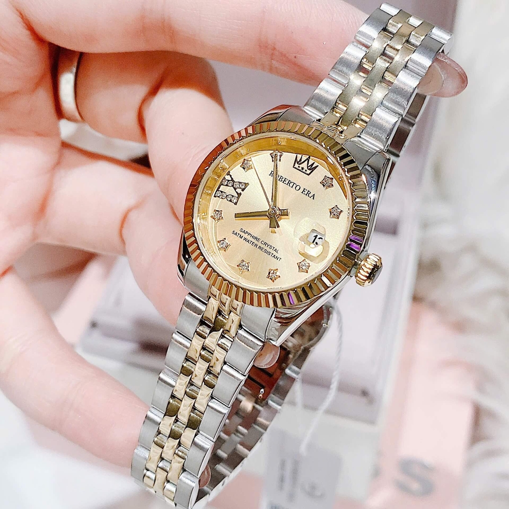 Set Đồng Hồ Nữ Roberto Era Dây Thép Demi Vàng Gold Mặt Vàng Niềng Khía Size 28mm RE1202 Tặng Kèm Vòng Tay