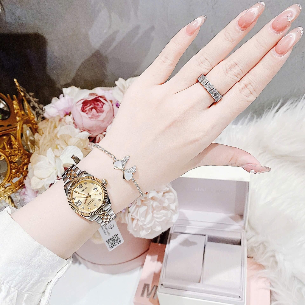 Set Đồng Hồ Nữ Roberto Era Dây Thép Demi Vàng Gold Mặt Vàng Niềng Khía Size 28mm RE1202 Tặng Kèm Vòng Tay