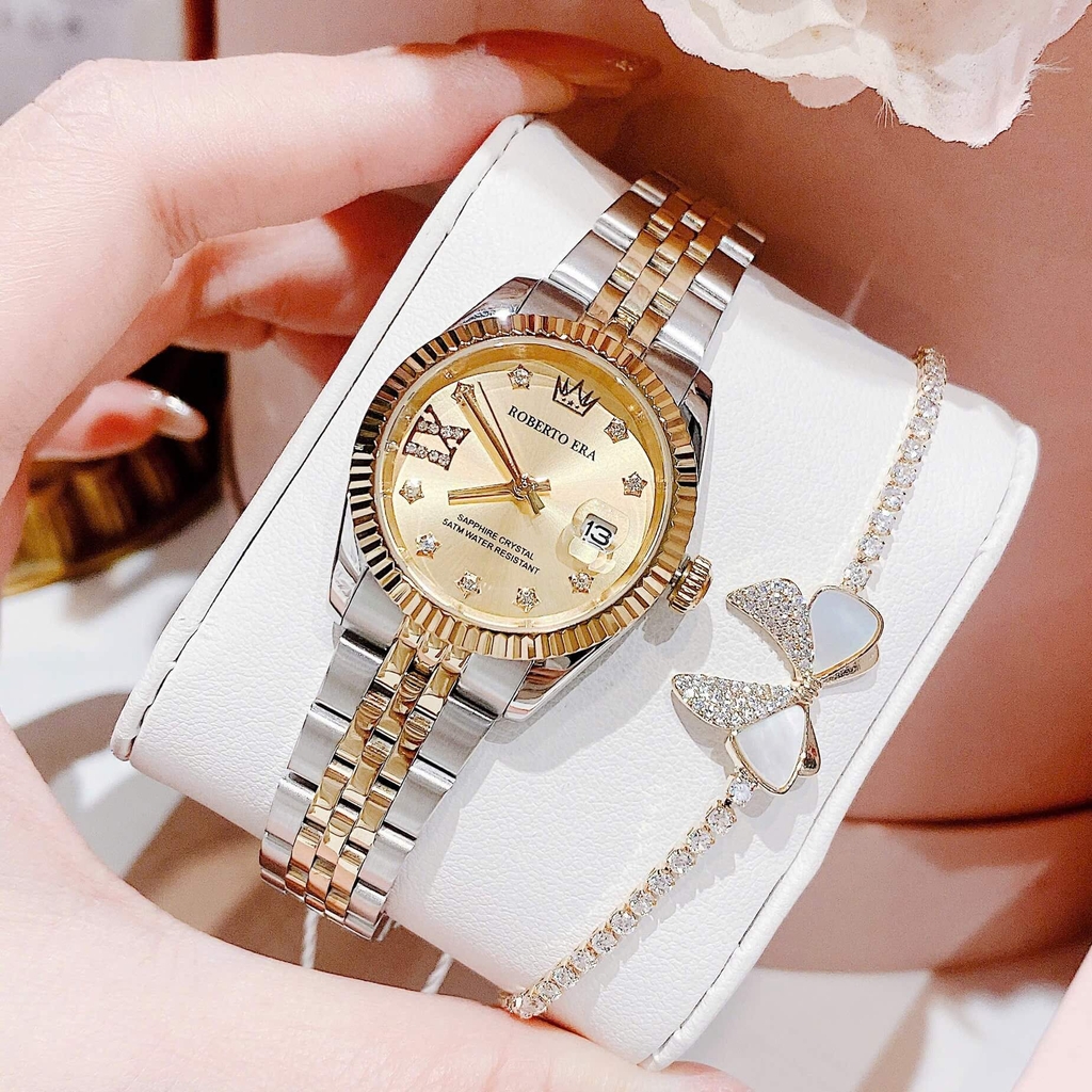Set Đồng Hồ Nữ Roberto Era Dây Thép Demi Vàng Gold Mặt Vàng Niềng Khía Size 28mm RE1202 Tặng Kèm Vòng Tay