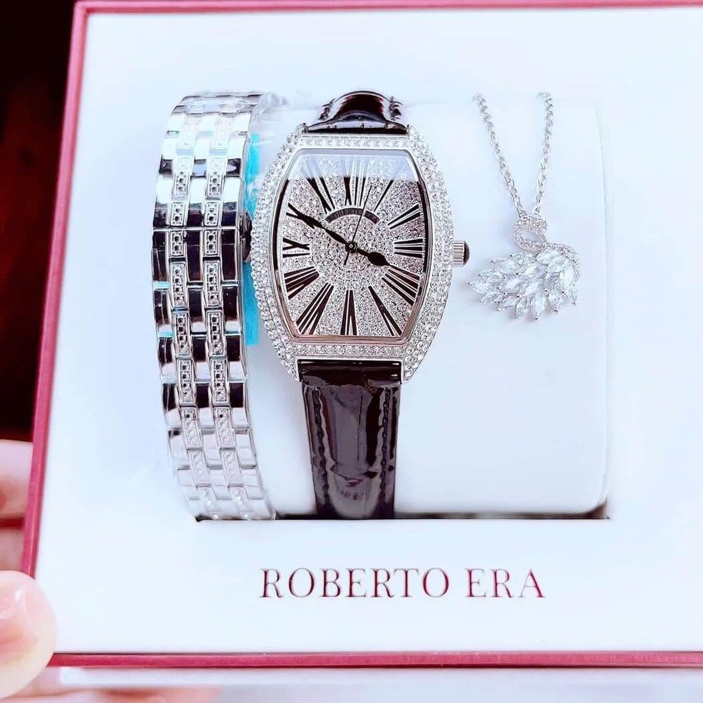 Set Đồng Hồ Nữ Roberto Era RE022 Dây Da Đen Mặt Chữ Nhật Đính Đá Size 36mm Tặng Kèm Dây Kim Loại Và Vòng Tay