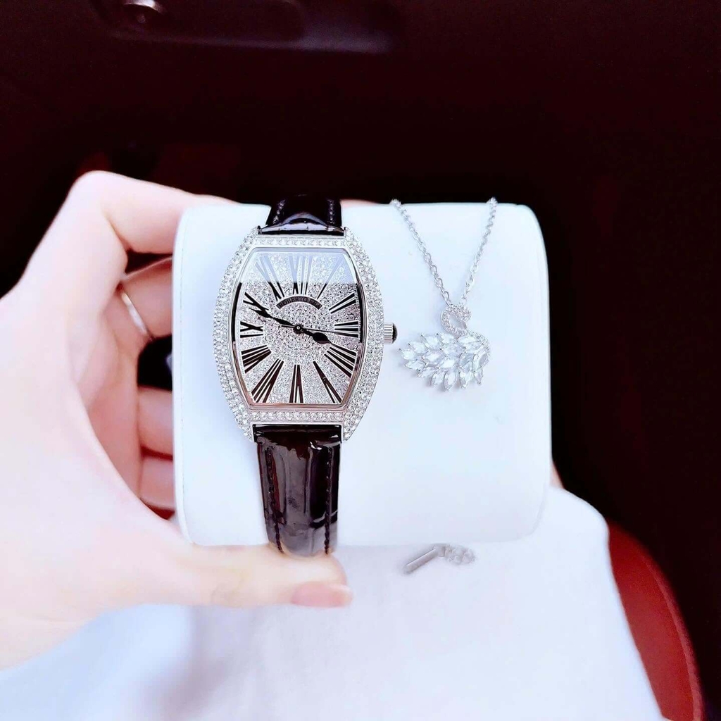 Set Đồng Hồ Nữ Roberto Era RE022 Dây Da Đen Mặt Chữ Nhật Đính Đá Size 36mm Tặng Kèm Dây Kim Loại Và Vòng Tay