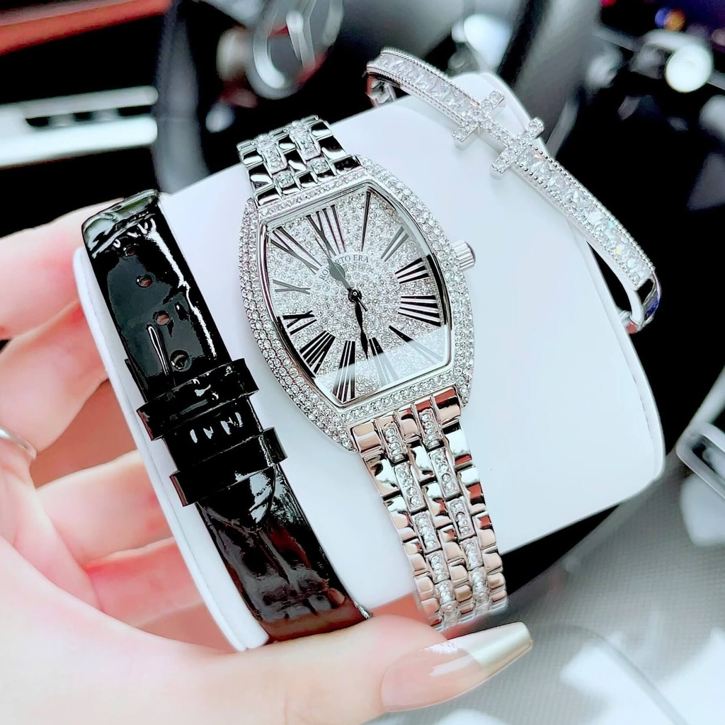 Set Đồng Hồ Nữ Roberto Era RE022 Dây Da Đen Mặt Chữ Nhật Đính Đá Size 36mm Tặng Kèm Dây Kim Loại Và Vòng Tay