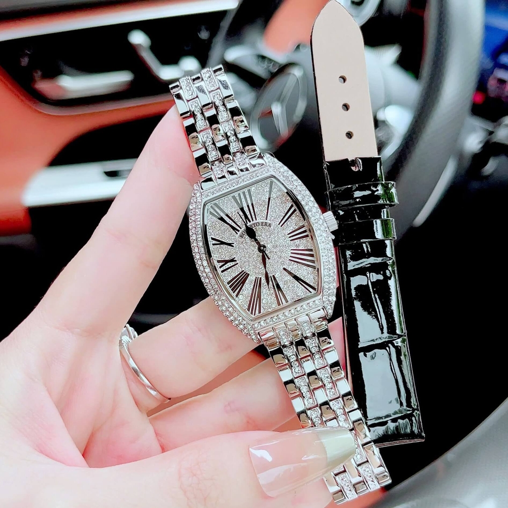 Set Đồng Hồ Nữ Roberto Era RE022 Dây Da Đen Mặt Chữ Nhật Đính Đá Size 36mm Tặng Kèm Dây Kim Loại Và Vòng Tay
