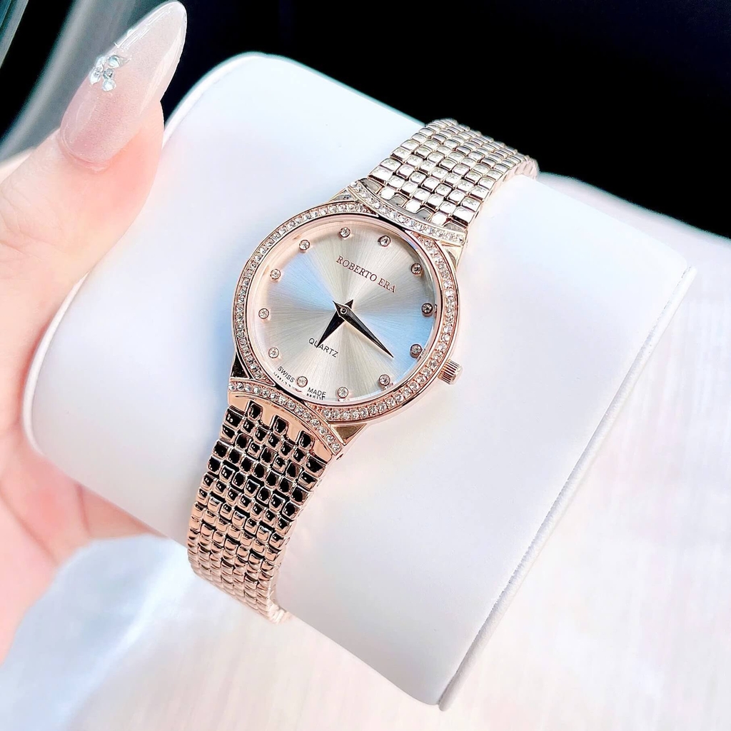 Set Đồng Hồ Nữ Roberto Era RE2900 Dây Kim Loại Demi Vàng Hồng Mặt Trắng Size 28mm Kèm Lắc Tay