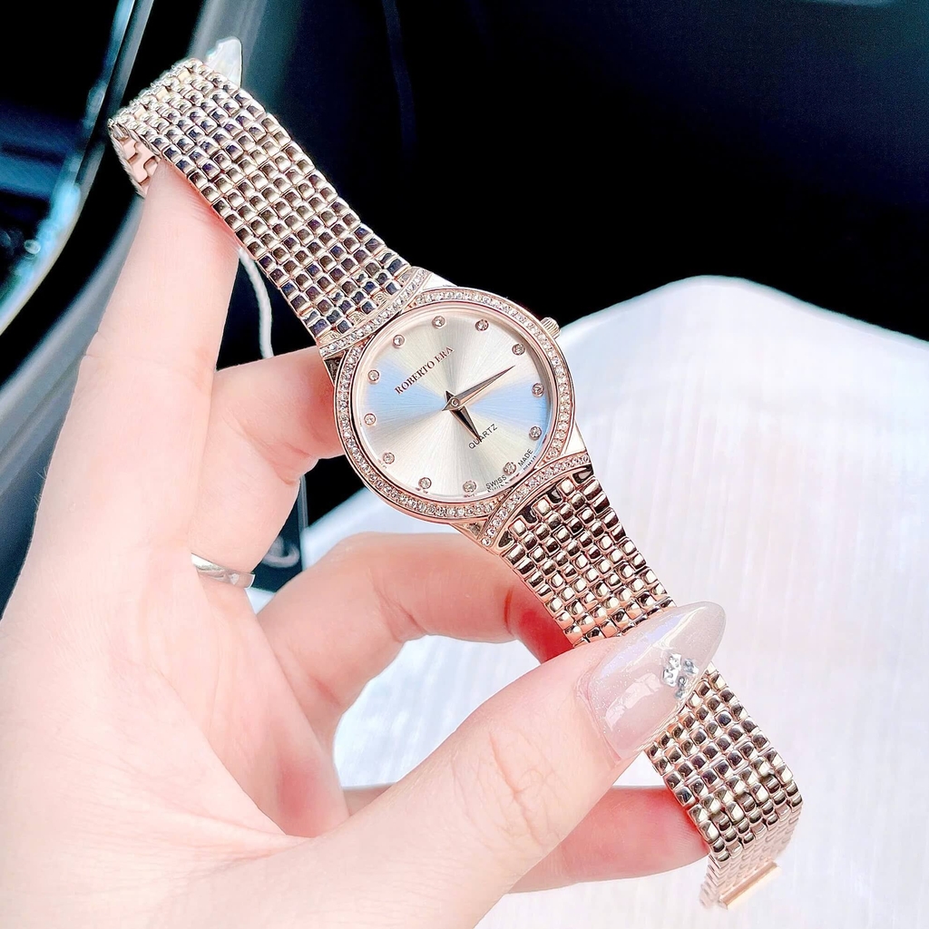 Set Đồng Hồ Nữ Roberto Era RE2900 Dây Kim Loại Demi Vàng Hồng Mặt Trắng Size 28mm Kèm Lắc Tay
