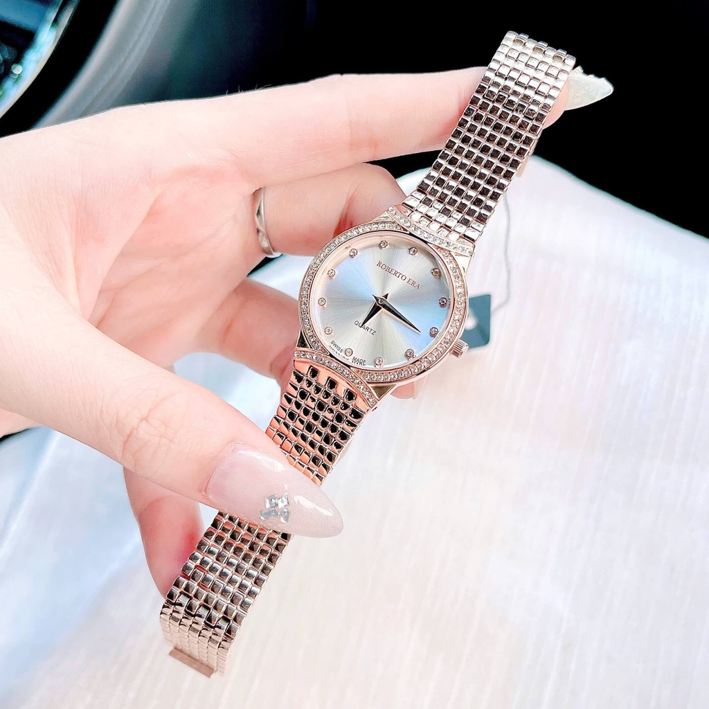 Set Đồng Hồ Nữ Roberto Era RE2900 Dây Kim Loại Demi Vàng Hồng Mặt Trắng Size 28mm Kèm Lắc Tay