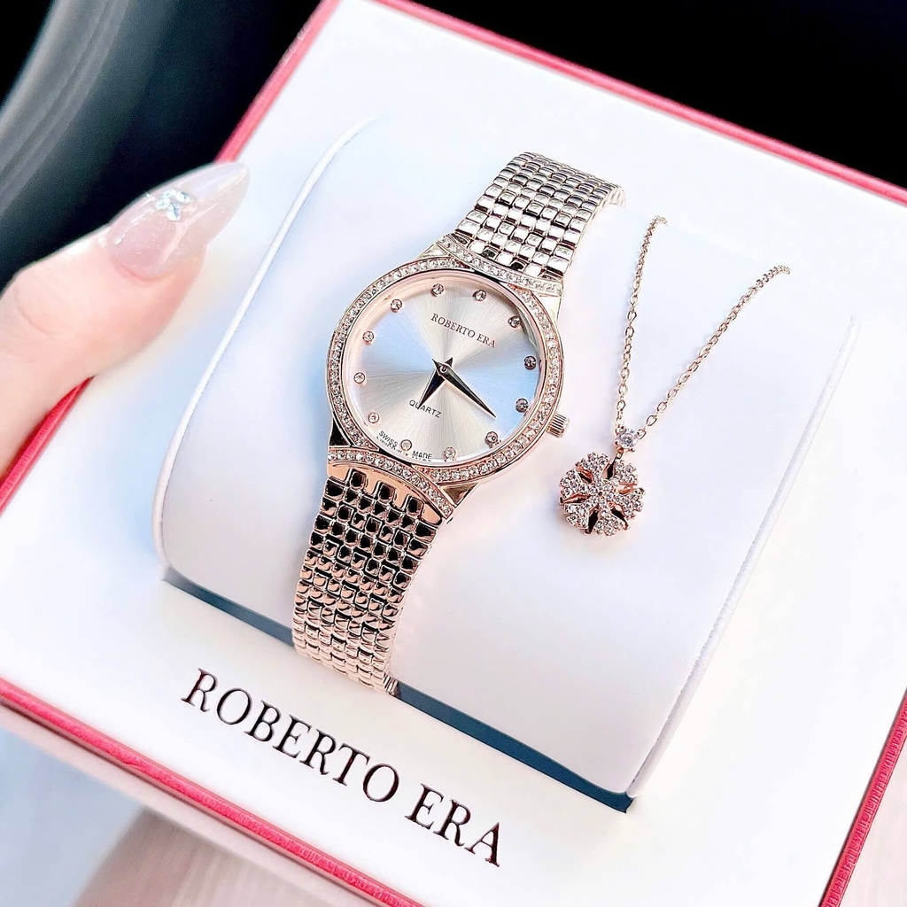 Set Đồng Hồ Nữ Roberto Era RE2900 Dây Kim Loại Demi Vàng Hồng Mặt Trắng Size 28mm Kèm Lắc Tay