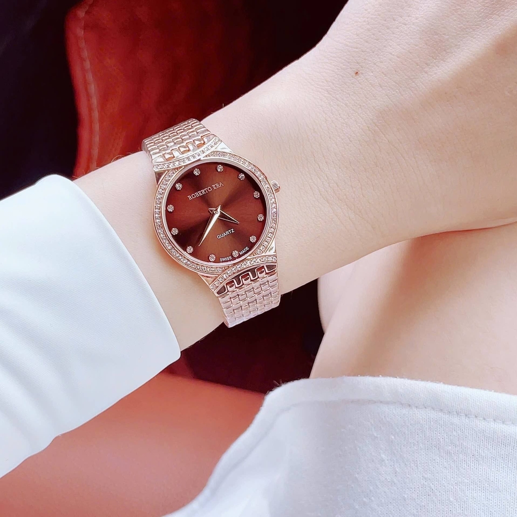 Set Đồng Hồ Nữ Roberto Era RE2901 Dây Kim Loại Vàng Hồng Mặt Nâu Size 28mm Kèm Lắc Tay