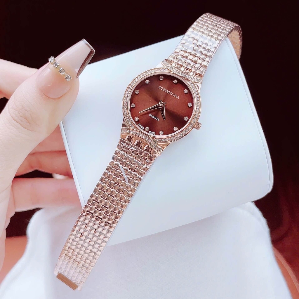 Set Đồng Hồ Nữ Roberto Era RE2901 Dây Kim Loại Vàng Hồng Mặt Nâu Size 28mm Kèm Lắc Tay