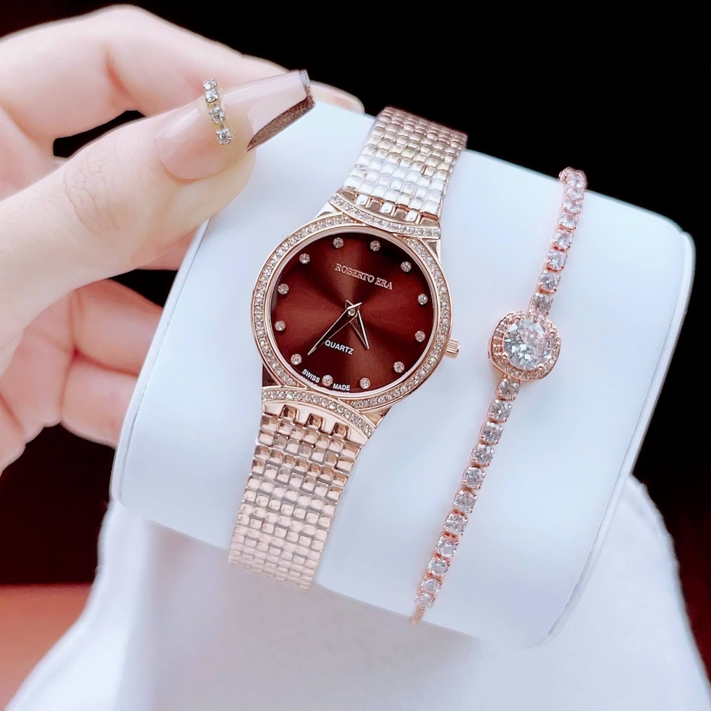 Set Đồng Hồ Nữ Roberto Era RE2901 Dây Kim Loại Vàng Hồng Mặt Nâu Size 28mm Kèm Lắc Tay