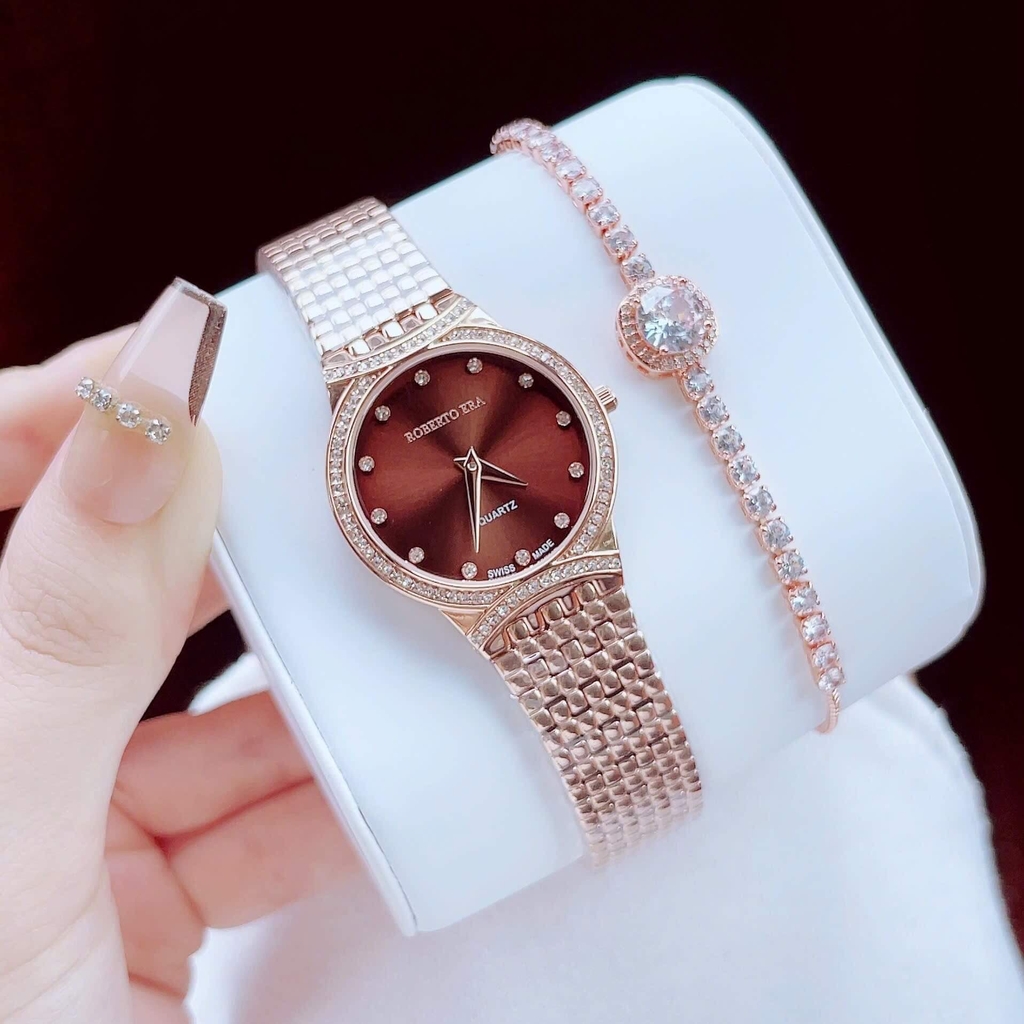 Set Đồng Hồ Nữ Roberto Era RE2901 Dây Kim Loại Vàng Hồng Mặt Nâu Size 28mm Kèm Lắc Tay