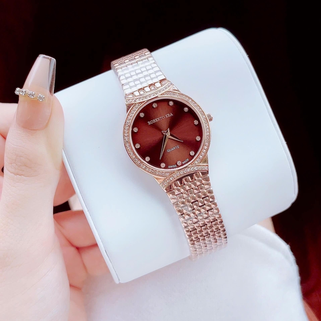Set Đồng Hồ Nữ Roberto Era RE2901 Dây Kim Loại Vàng Hồng Mặt Nâu Size 28mm Kèm Lắc Tay
