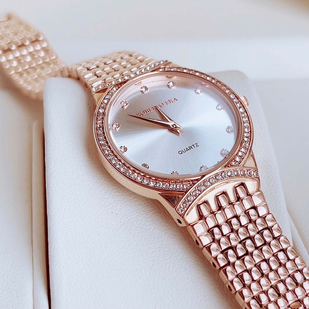 Set Đồng Hồ Nữ Roberto Era RE2902 Dây Kim Loại Vàng Hồng Mặt Trắng Size 28mm Kèm Lắc Tay