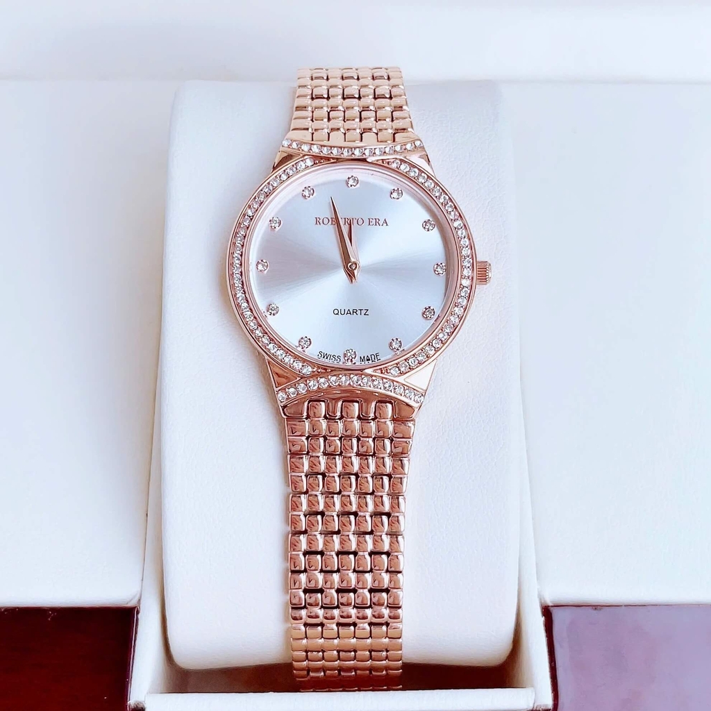 Set Đồng Hồ Nữ Roberto Era RE2902 Dây Kim Loại Vàng Hồng Mặt Trắng Size 28mm Kèm Lắc Tay