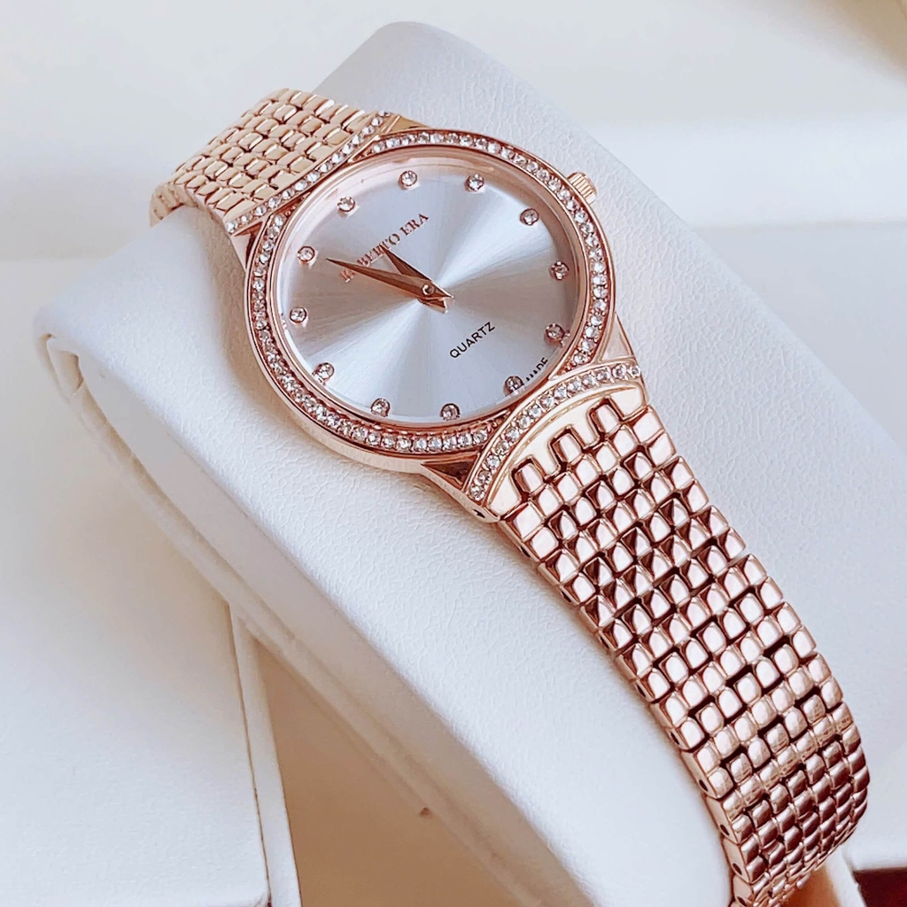 Set Đồng Hồ Nữ Roberto Era RE2902 Dây Kim Loại Vàng Hồng Mặt Trắng Size 28mm Kèm Lắc Tay