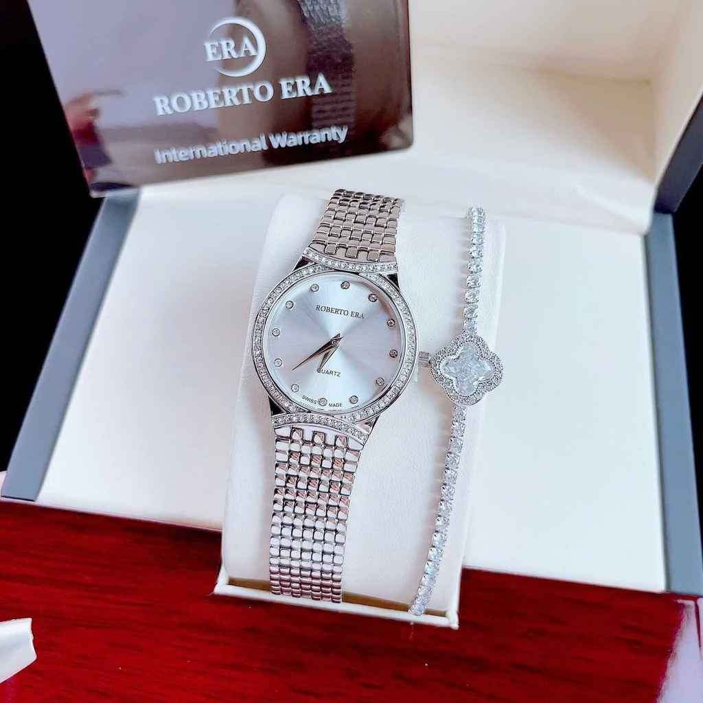 Set Đồng Hồ Nữ Roberto Era RE2904 Dây Kim Loại Silver Mặt Trắng Size 28mm Kèm Lắc Tay