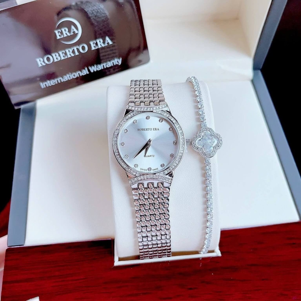 Set Đồng Hồ Nữ Roberto Era RE2904 Dây Kim Loại Silver Mặt Trắng Size 28mm Kèm Lắc Tay
