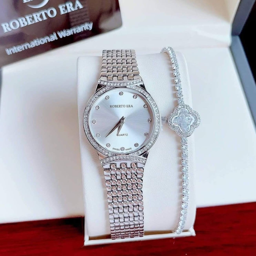 Set Đồng Hồ Nữ Roberto Era RE2904 Dây Kim Loại Silver Mặt Trắng Size 28mm Kèm Lắc Tay