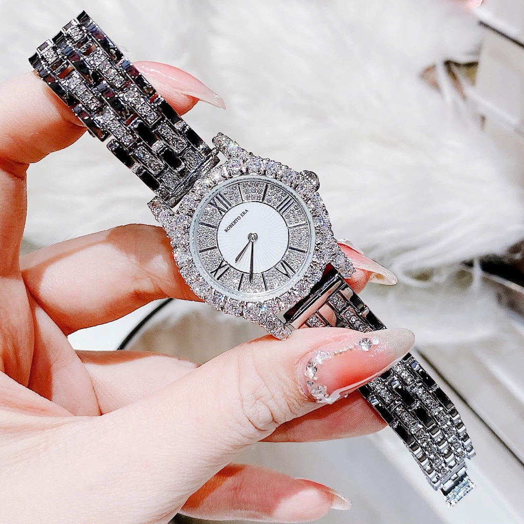 Set Đồng Hồ Nữ Roberto Era RE834 Chính Hãng Dây Da Lụa Đen Size 32mm Tặng Kèm Dây Kim Loại Đính Đá Và Lắc Tay