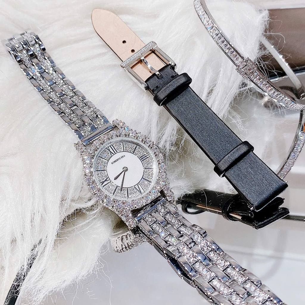 Set Đồng Hồ Nữ Roberto Era RE834 Chính Hãng Dây Da Lụa Đen Size 32mm Tặng Kèm Dây Kim Loại Đính Đá Và Lắc Tay