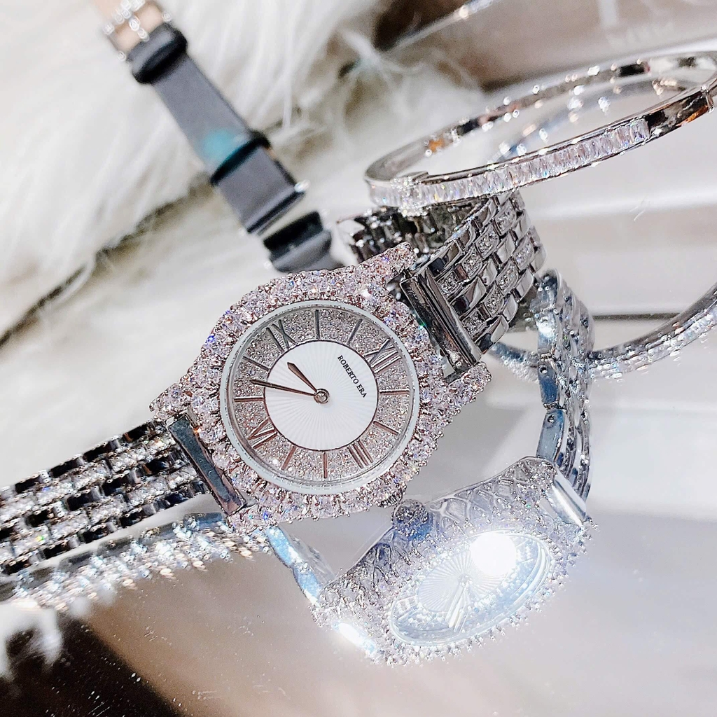 Set Đồng Hồ Nữ Roberto Era RE834 Chính Hãng Dây Da Lụa Đen Size 32mm Tặng Kèm Dây Kim Loại Đính Đá Và Lắc Tay