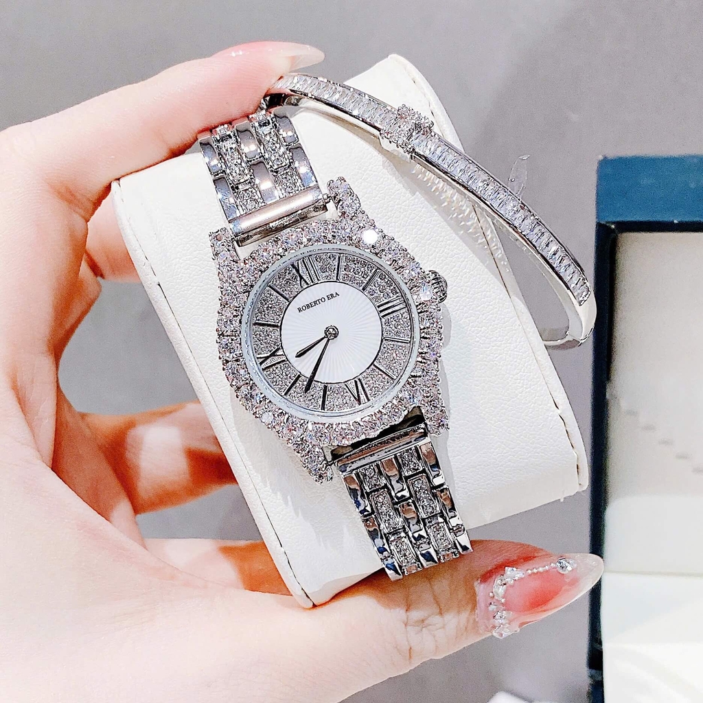 Set Đồng Hồ Nữ Roberto Era RE834 Chính Hãng Dây Da Lụa Đen Size 32mm Tặng Kèm Dây Kim Loại Đính Đá Và Lắc Tay