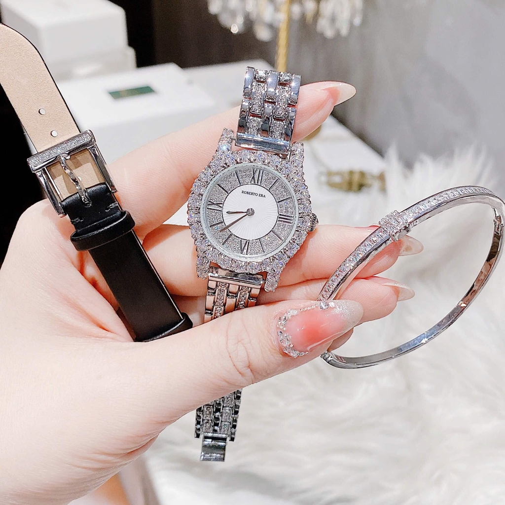 Set Đồng Hồ Nữ Roberto Era RE834 Chính Hãng Dây Da Lụa Đen Size 32mm Tặng Kèm Dây Kim Loại Đính Đá Và Lắc Tay