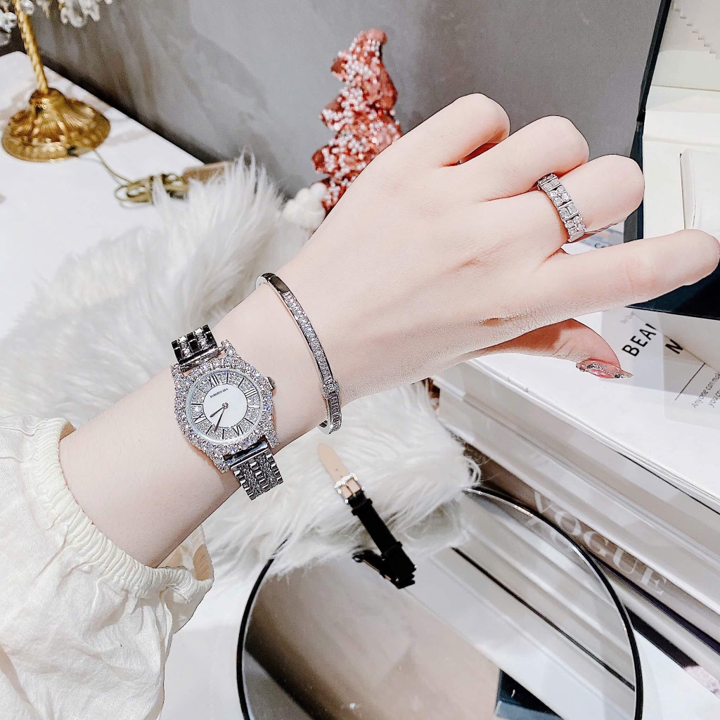 Set Đồng Hồ Nữ Roberto Era RE834 Chính Hãng Dây Da Lụa Đen Size 32mm Tặng Kèm Dây Kim Loại Đính Đá Và Lắc Tay