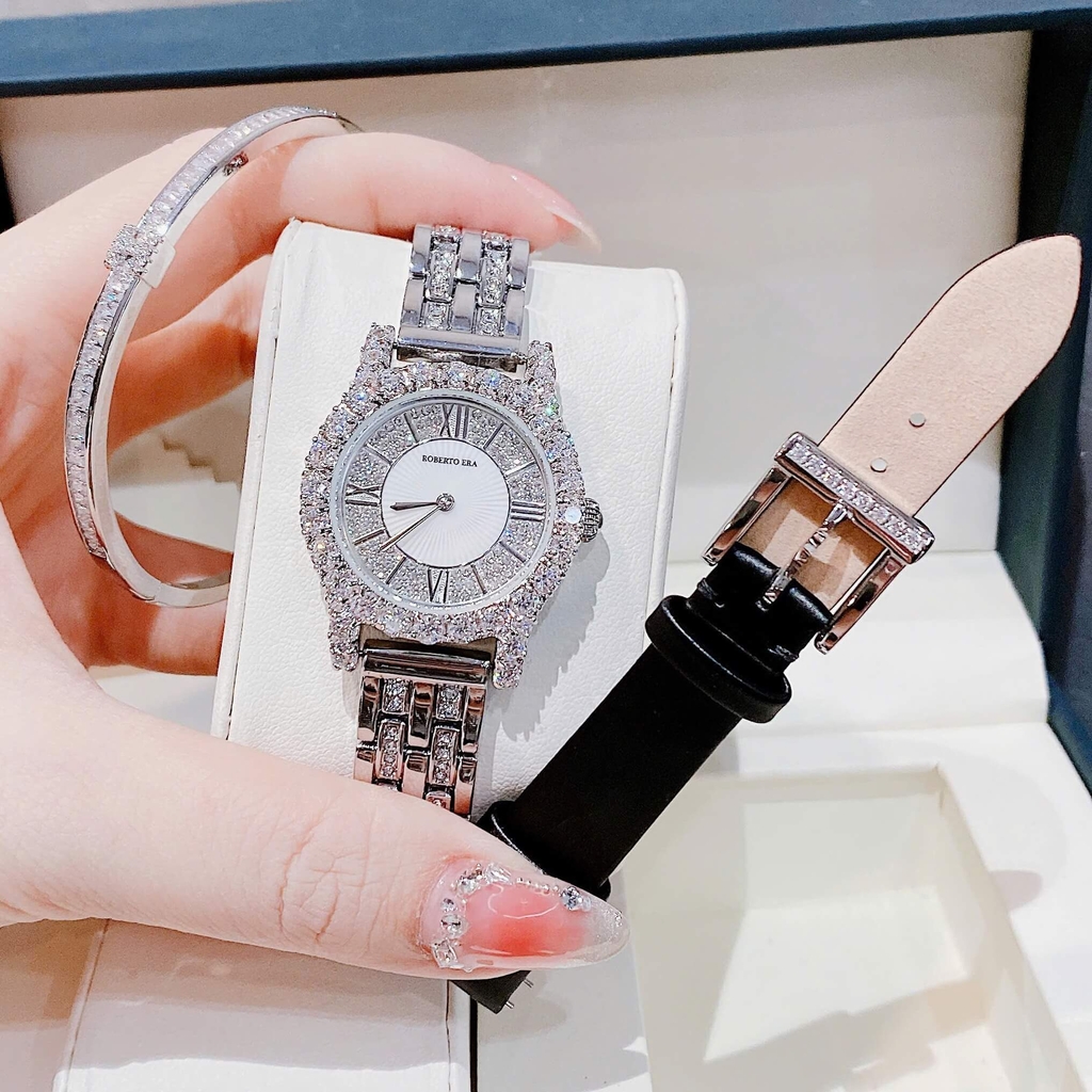 Set Đồng Hồ Nữ Roberto Era RE834 Chính Hãng Dây Da Lụa Đen Size 32mm Tặng Kèm Dây Kim Loại Đính Đá Và Lắc Tay