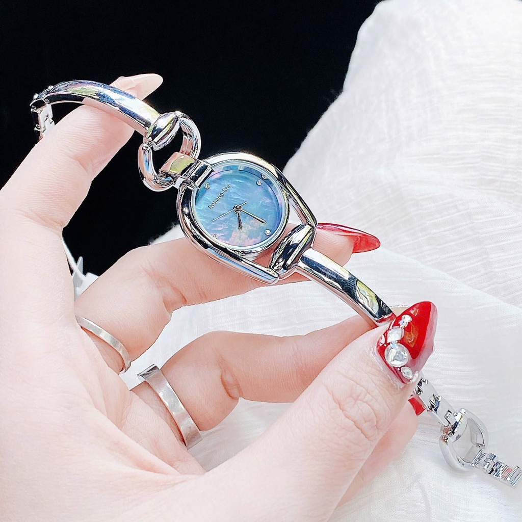 Set Đồng Hồ Nữ Roberto Era RE9102 Dây Lắc Tay Silver Mặt Xà Cừ Xanh Dáng Gucci Size 28mm