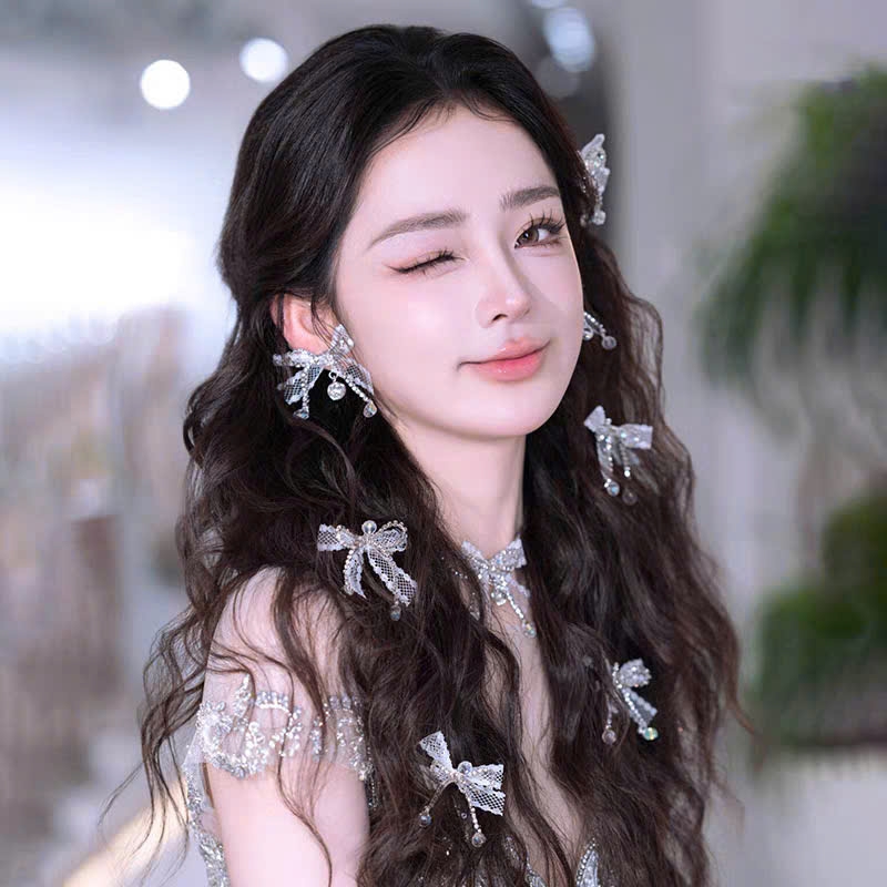 Bộ nơ cài tóc cô dâu đính đá gồm  5 nơ bông tai và bộ dây cổ ren mới 2025  giangpkc-phu-kien-thoi-trang