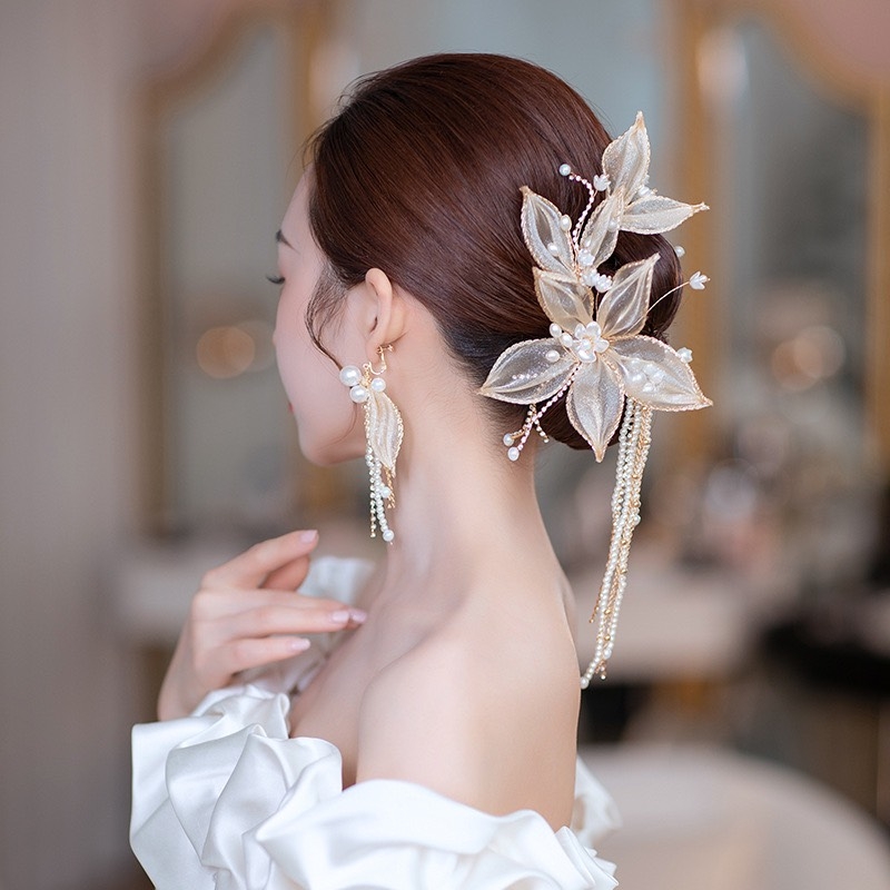 Cài tóc cô dâu hoa vải voan màu kem sang trọng mẫu mới t5/2023  giangpkc-phu-kien-thoi-trang