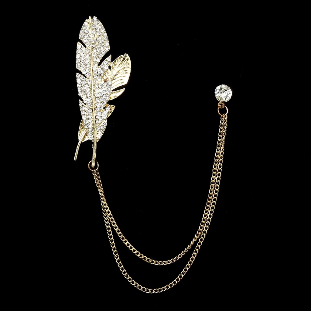 Ghim cài áo Vest Nam thời trang Lapel Pin hình chiếc lông vũ đính đá kèm dây xích Giangpkc SP2221550  giangpkc-phu-kien-thoi-trang
