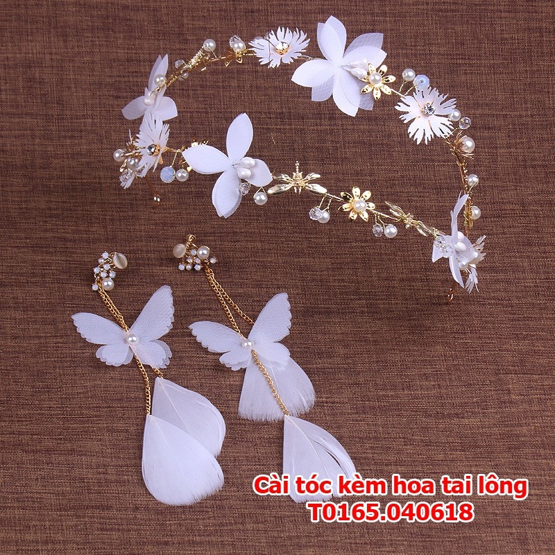 Bộ cài tóc cô dâu mẫu mới kết hợp bông tai lông vũ đẹp