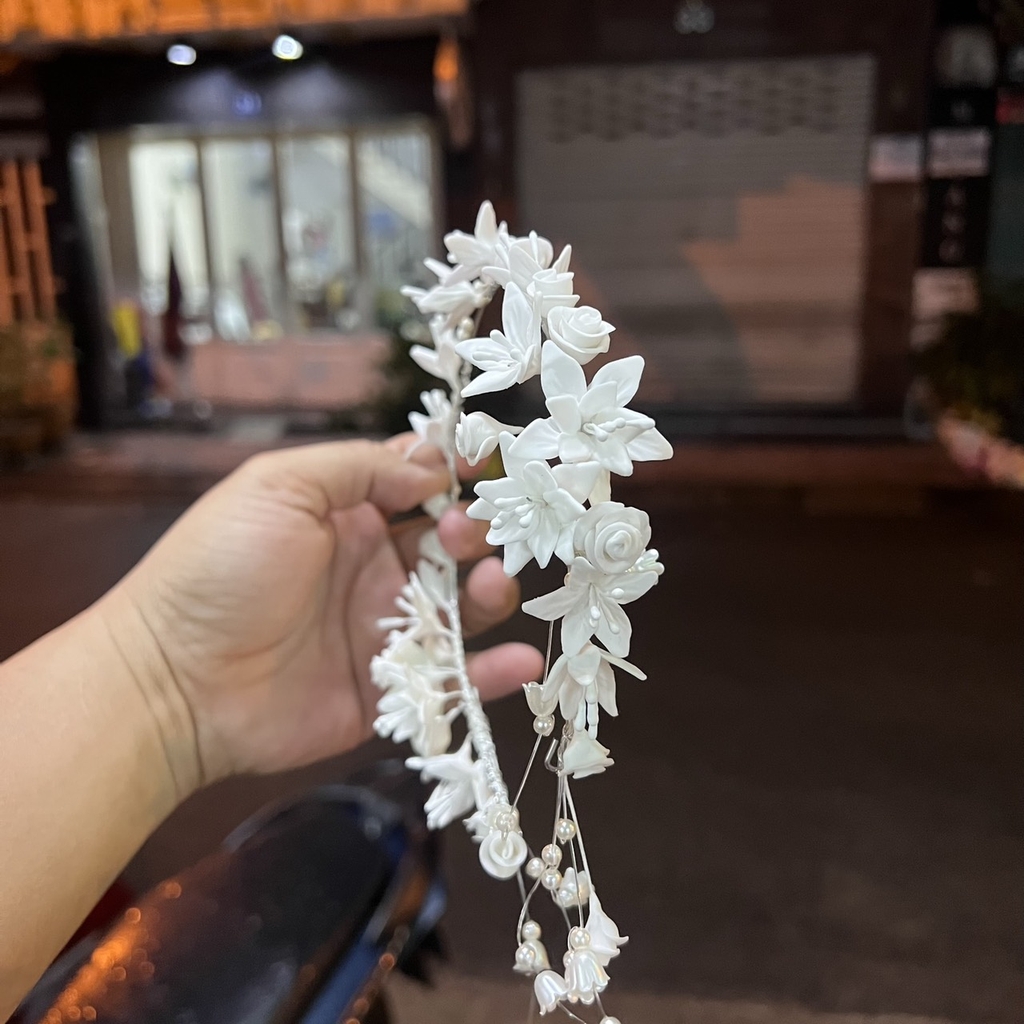Băng đô cài tóc cô dâu tháng 9-2023 hoa đất sét Nhật dài hạt trai đẹp nhất  giangpkc-phu-kien-thoi-trang