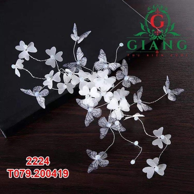 Cài tóc cô dâu hoa voan đính hạt - bướm trắng nhỏ