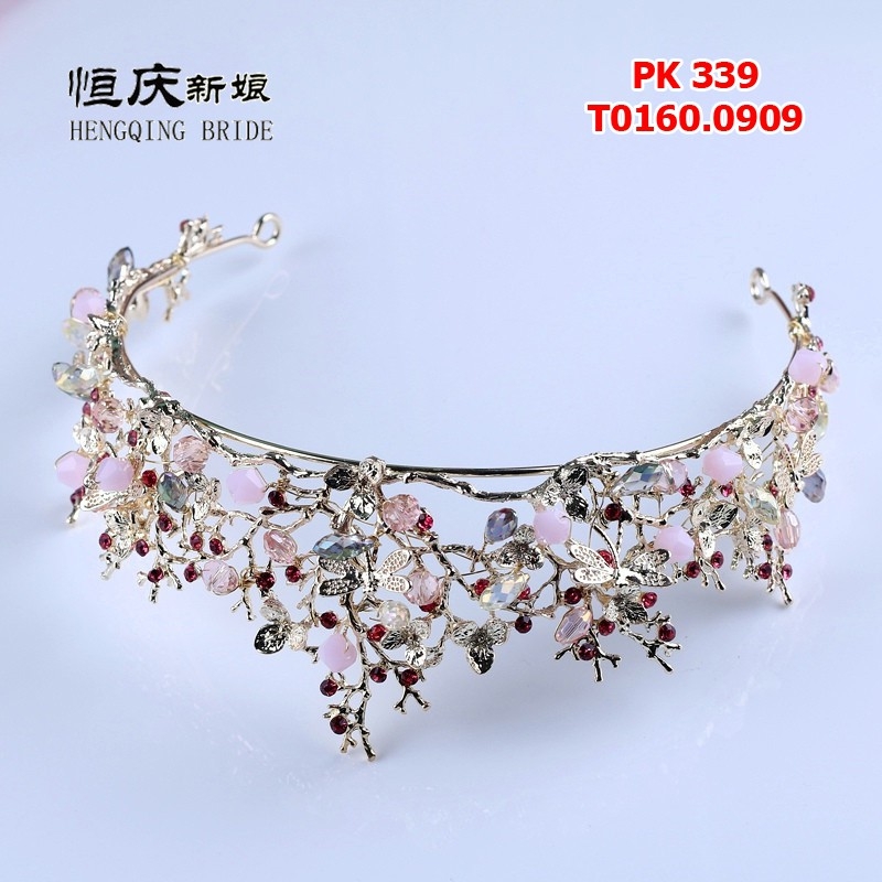 Vương miện cô dâu đính hạt hồng đẹp