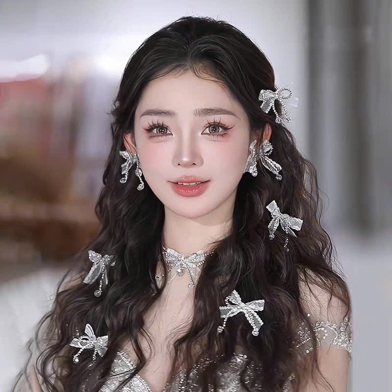 Bộ nơ cài tóc cô dâu đính đá gồm  5 nơ bông tai và bộ dây cổ ren mới 2025  giangpkc-phu-kien-thoi-trang