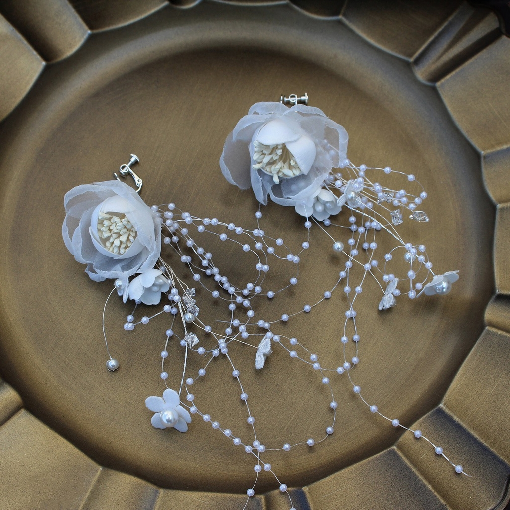 Bộ đôi cài tóc cô dâu hoa nụ trắng dây hạt đá tặng kèm bông tai Giangpkc11-2022  giangpkc-phu-kien-thoi-trang