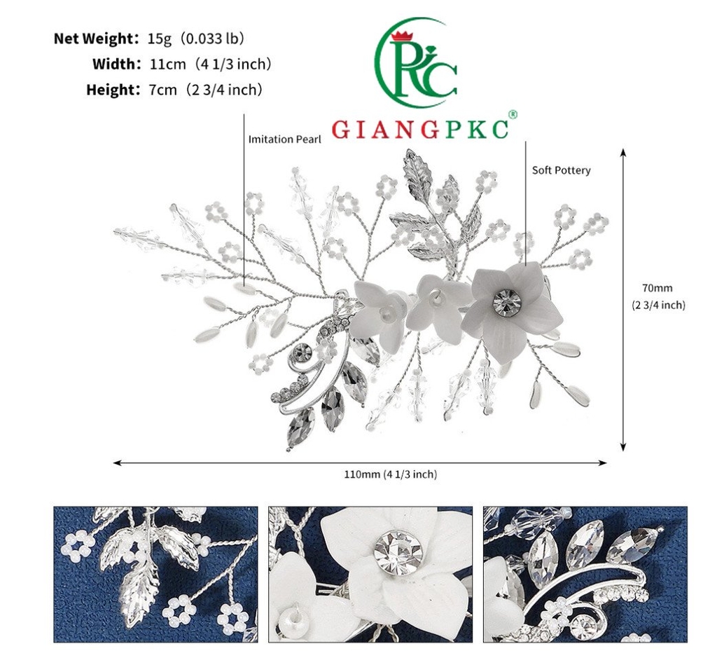 Cài tóc cô dâu một bên hoa silicon đính pha lê đá đơn giản 2023 Giangpkc  giangpkc-phu-kien-thoi-trang