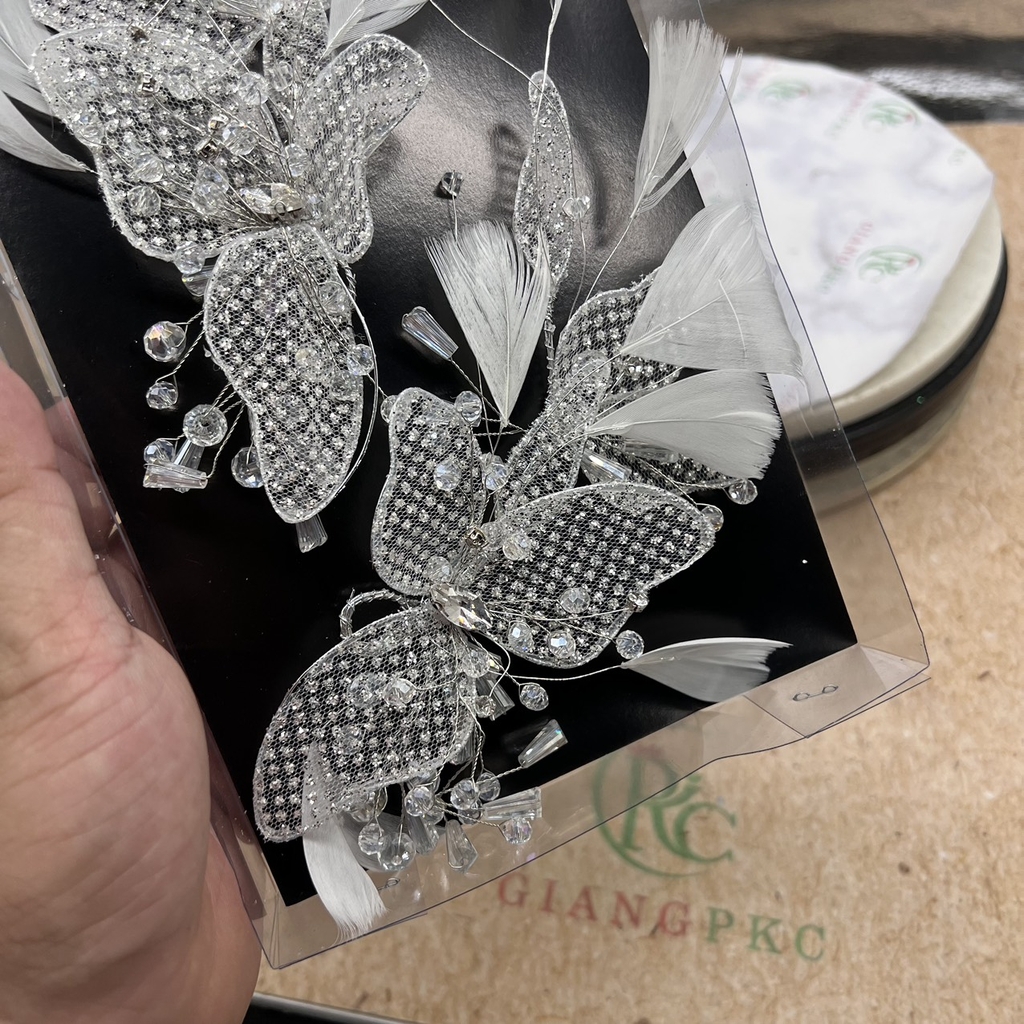 Cài tóc cô dâu lưới hoa nhũ kết lông vũ mẫu mới t7/2023  giangpkc-phu-kien-thoi-trang